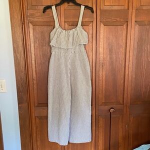 Zara Blue and White Striped Ruffle-Top Jumpsuit